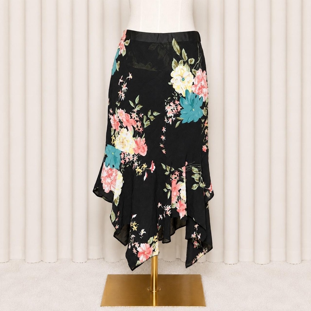 Y2K black floral asymmetrical midi skirt